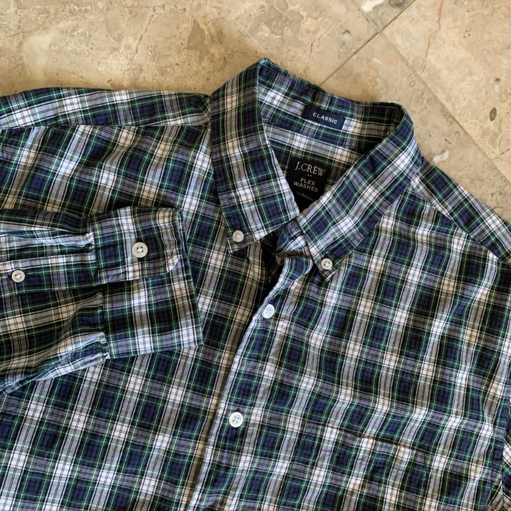 J Crew Shirt Mens L Blue Plaid Flex Washed Classic Fit Button Down Long Sleeve